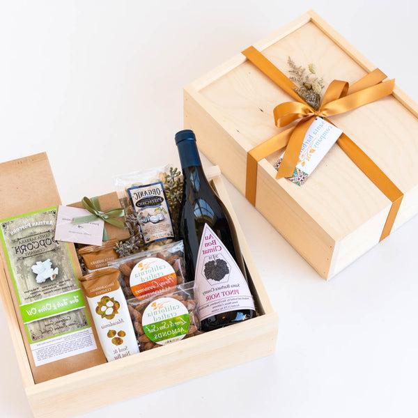 ABUNDANT WINE GIFT BOX open box and closed wooden box with ribbon